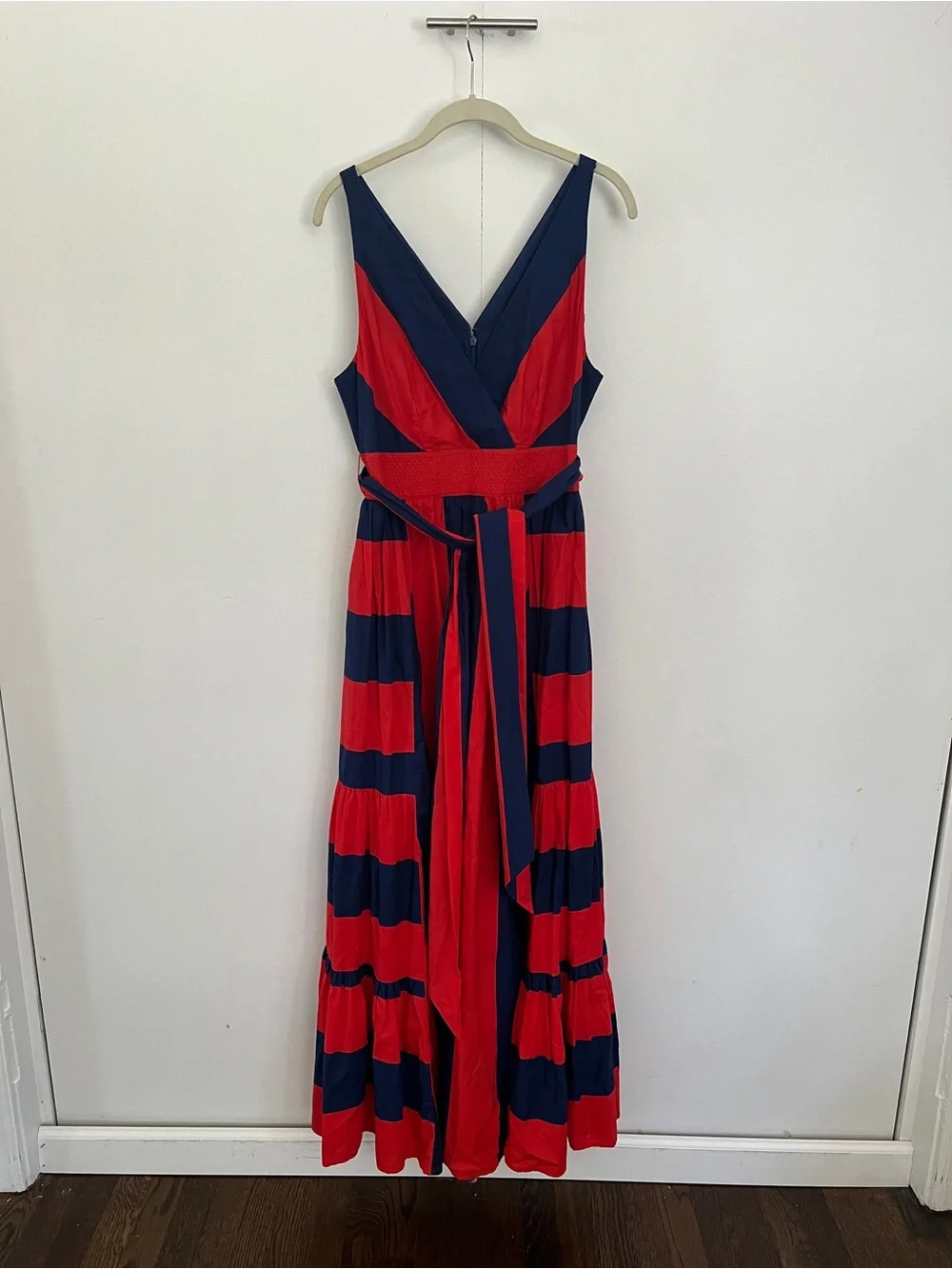 J. Crew Sleeveless Navy & Red Striped V-Neck Maxi Dress